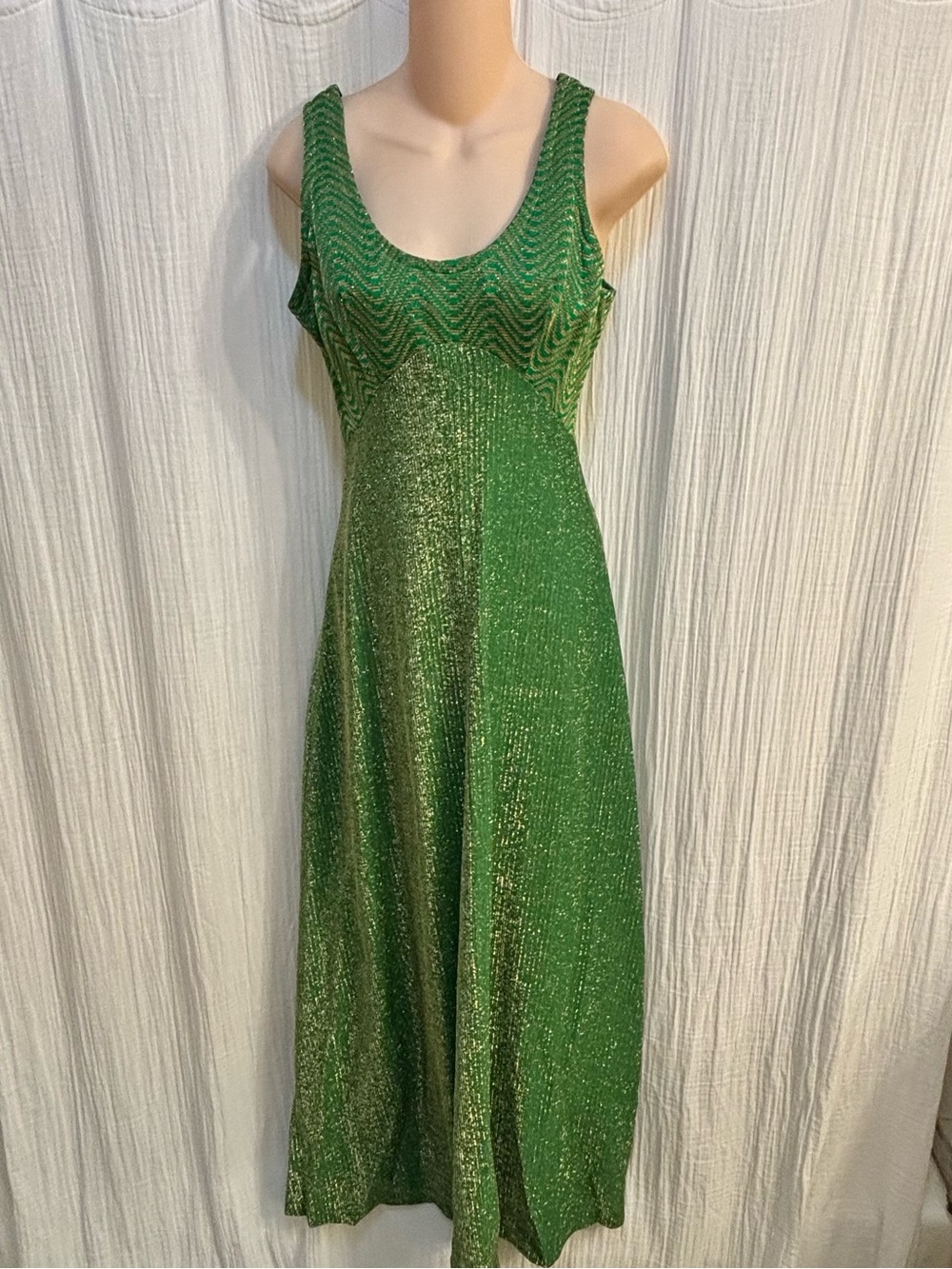 Vintage 1960s/1970s Green Metallic Lurex Chevron Maxi Dress Size S